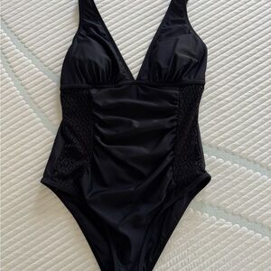 Black One-Piece Swimsuit with Lace Side Panels